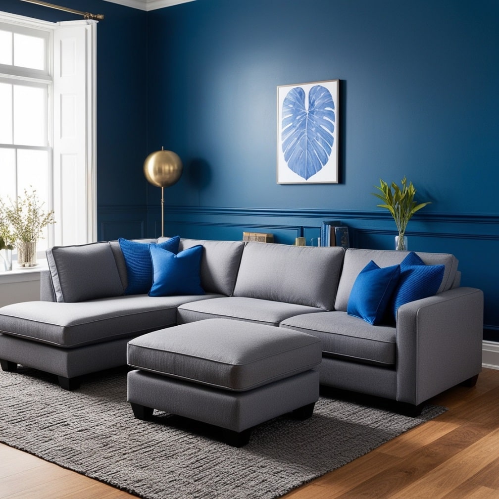 Blue Accent Wall with Gray Sectional for Contrast