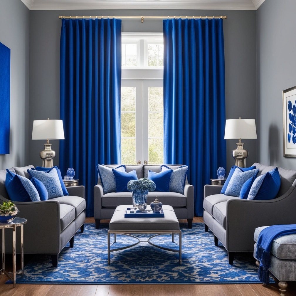 Blue Drapes and Gray Furniture for Elegance