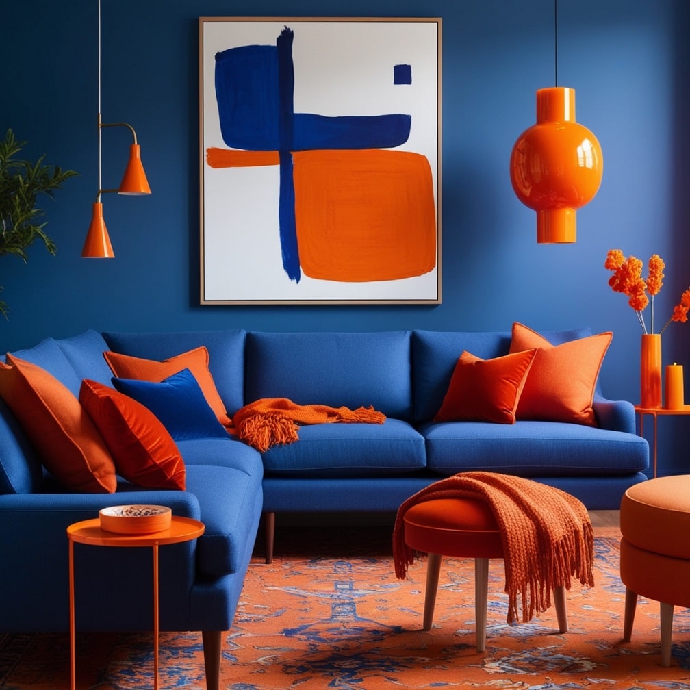 Blue Sofa with Orange Accents for a Balanced Look