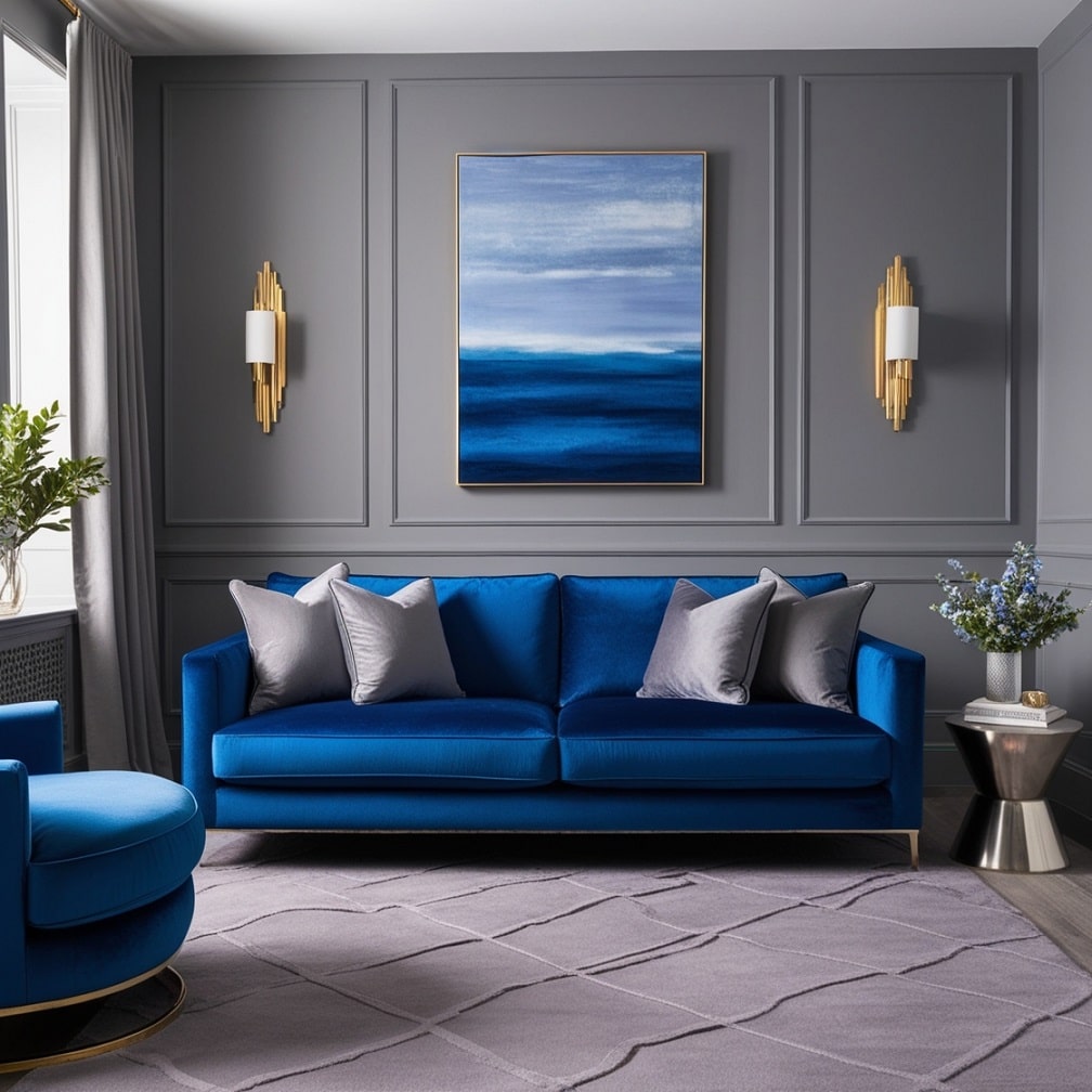 Blue Velvet Sofa with Gray Walls for Luxe Comfort