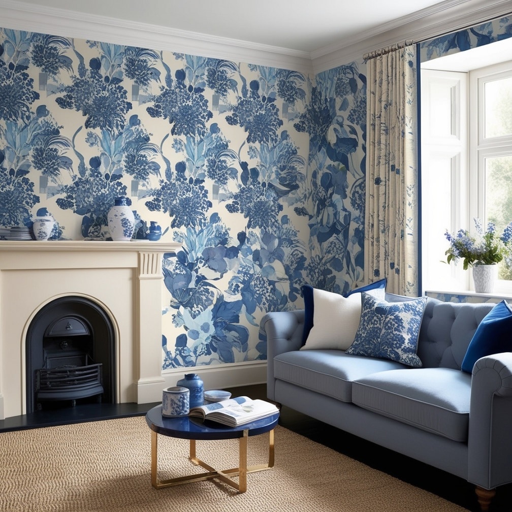 Blue and Cream Patterned Wallpaper