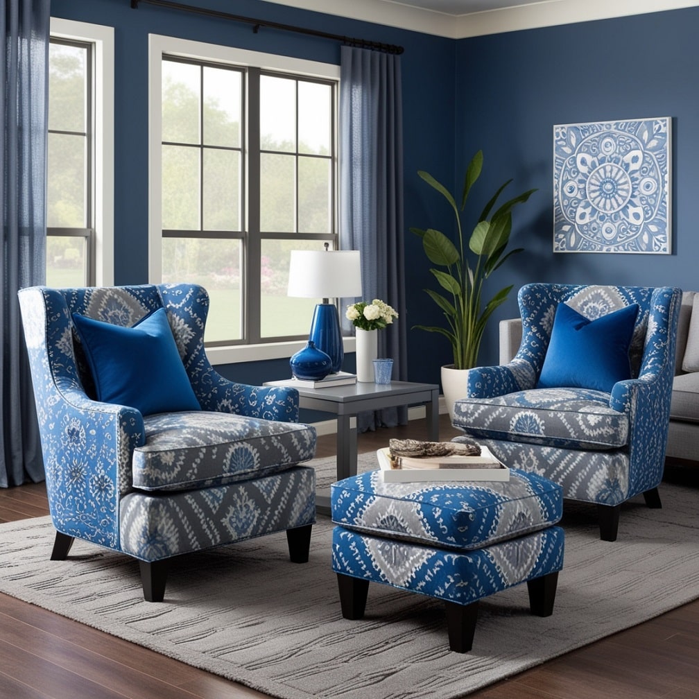 Blue and Gray Patterned Armchairs for Visual Interest