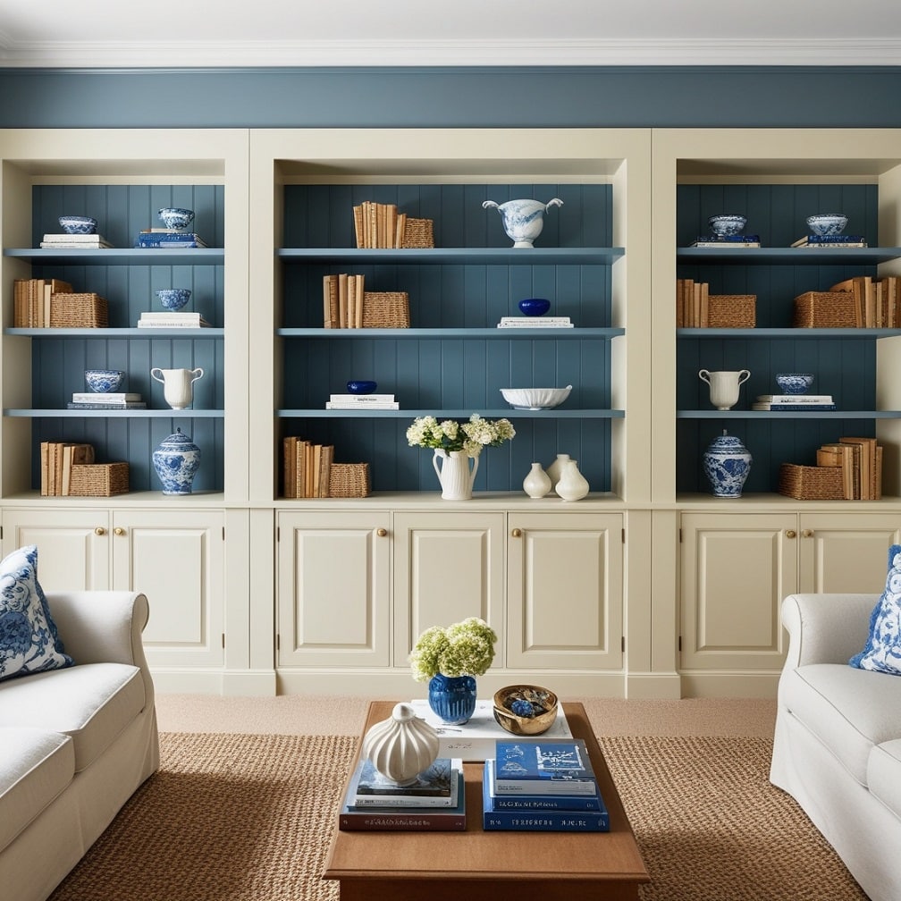 Bookshelves in Cream with Blue Back Panels