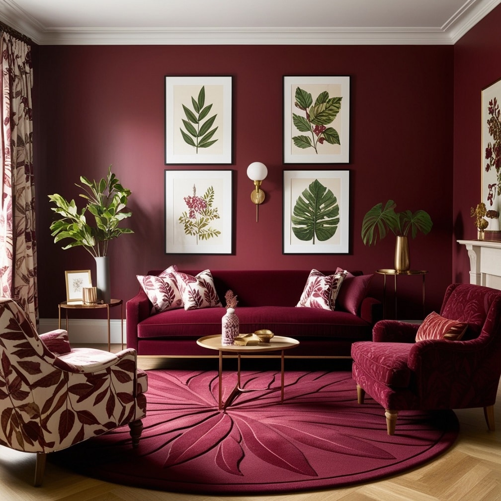 Botanical Prints and Burgundy Upholstery