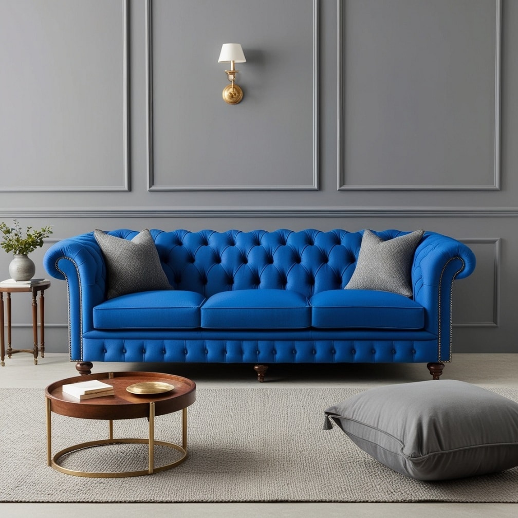 Classic Blue Chesterfield with Gray Walls for Timeless Charm