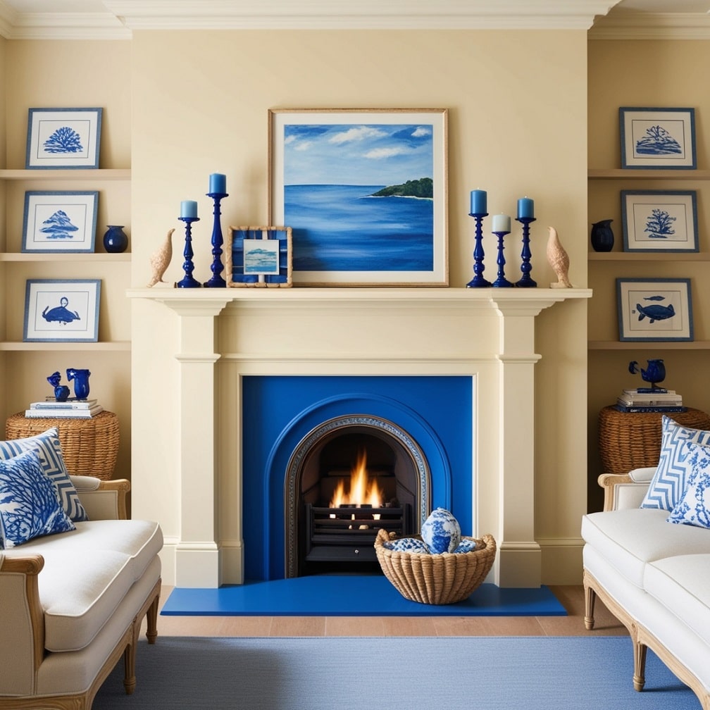 Cream Fireplaces with Blue Mantel Decor