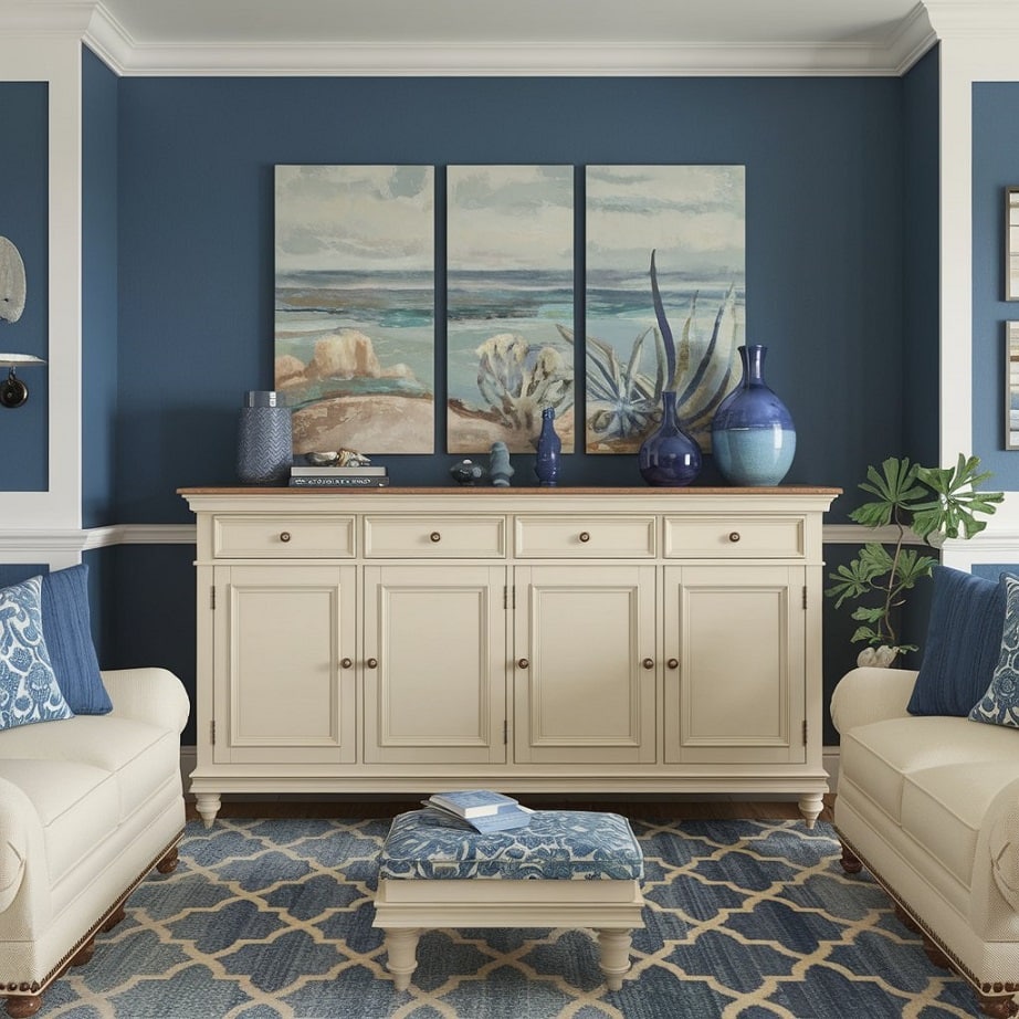 Cream Sideboards with Blue Decorative Accents