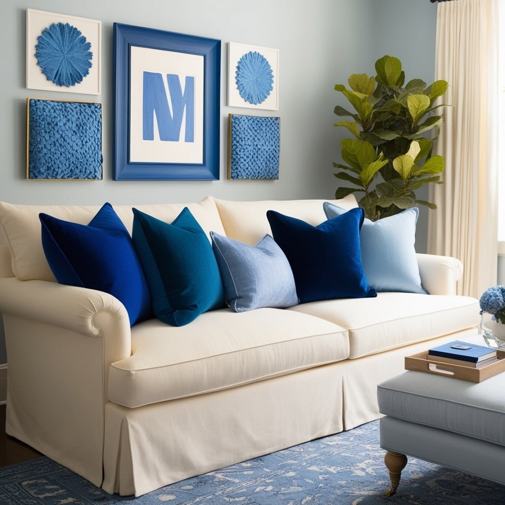 Cream Sofas with Blue Decorative Pillows