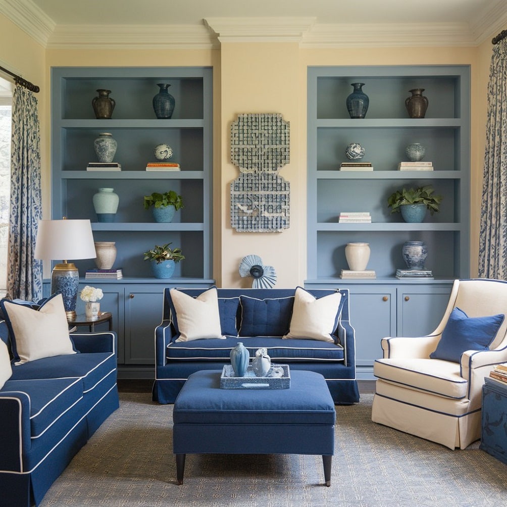 Cream Walls with Blue Built-In Shelving