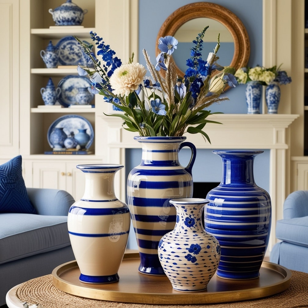 Decorative Blue and Cream Ceramic Vases