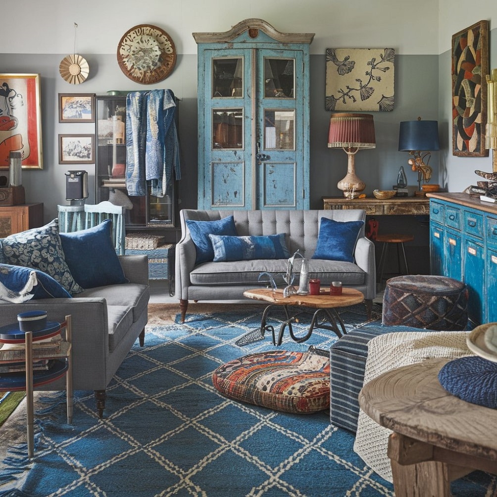 Eclectic Mix with Vintage Finds in Blue and Gray