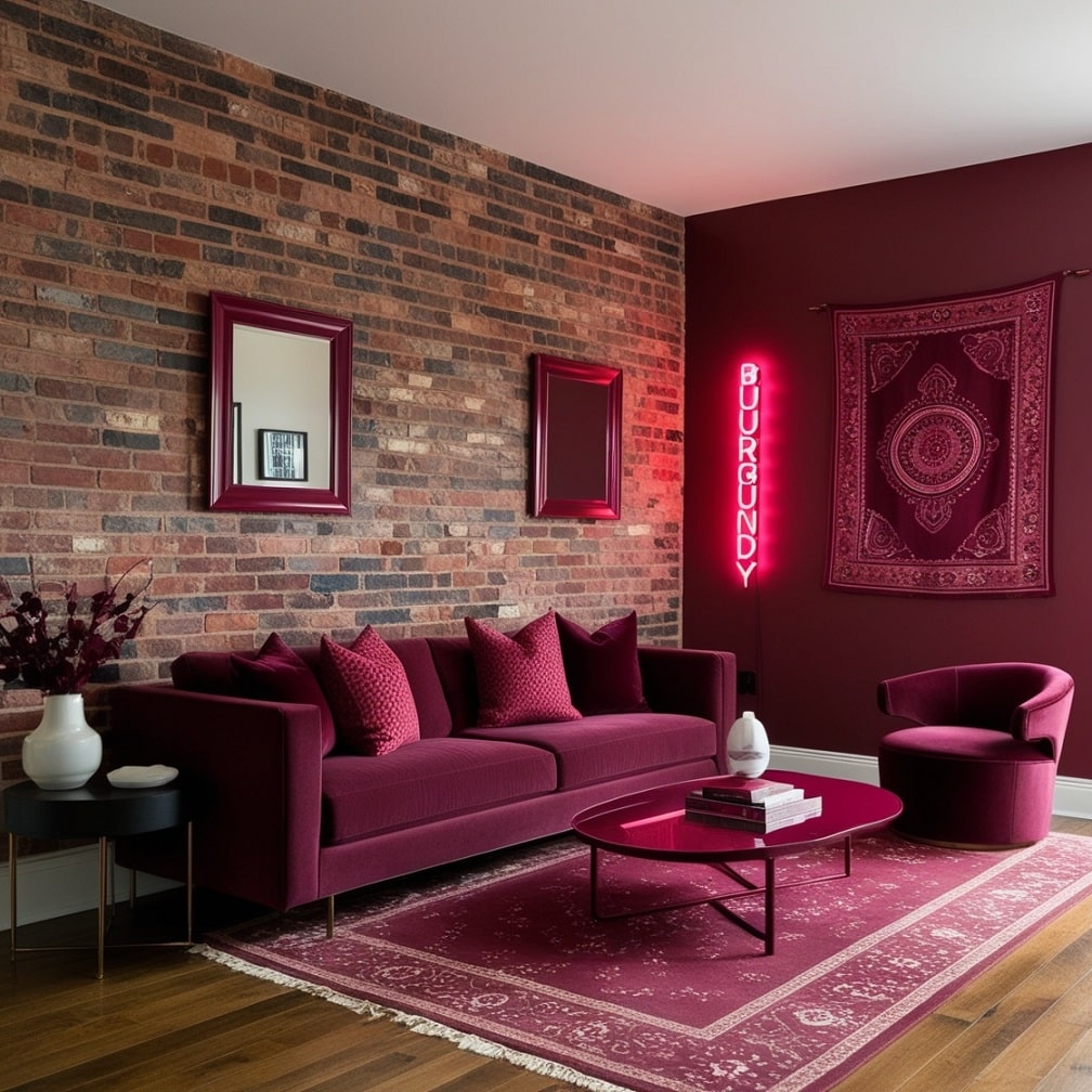 Exposed Brick Walls with Burgundy Accents