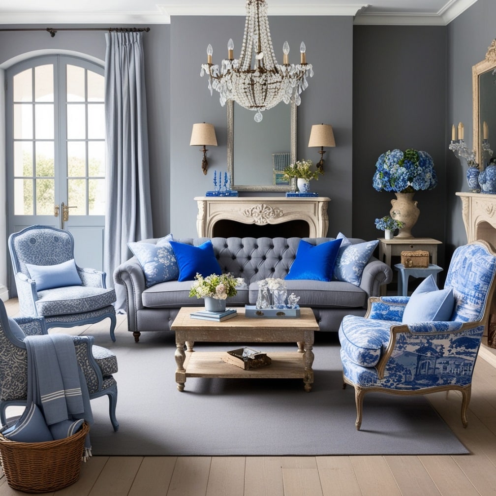 French Country Elegance In Blue and Gray Living Room