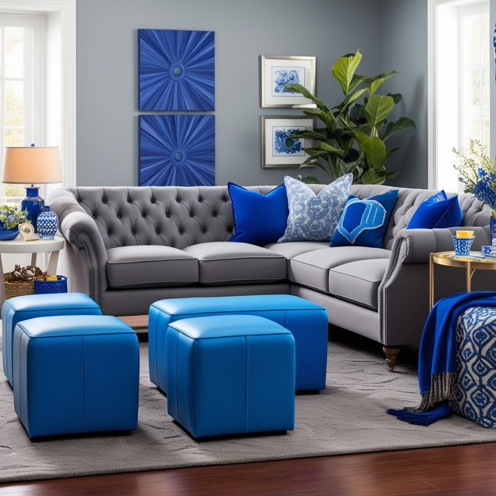 Gray Tufted Sofa with Blue Ottomans for Comfort