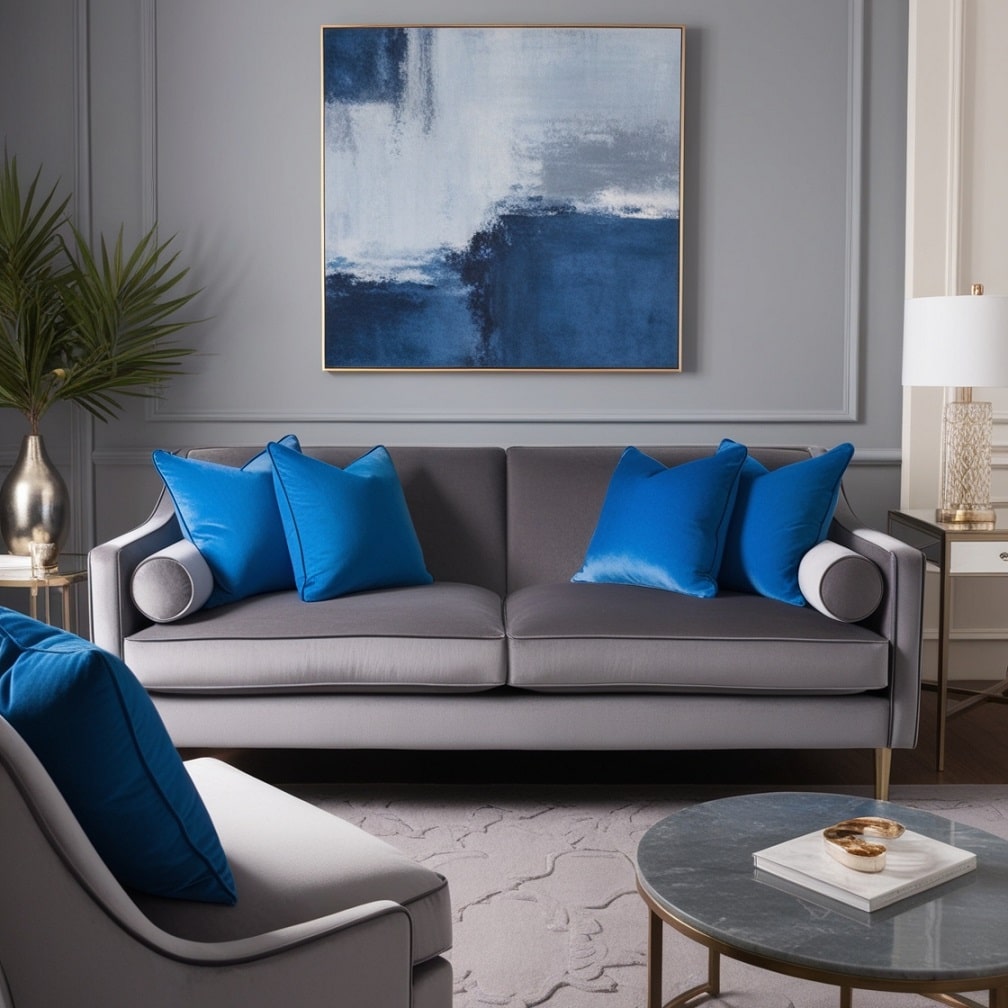 Gray Velvet Sofa with Blue Pillows for Subtle Elegance