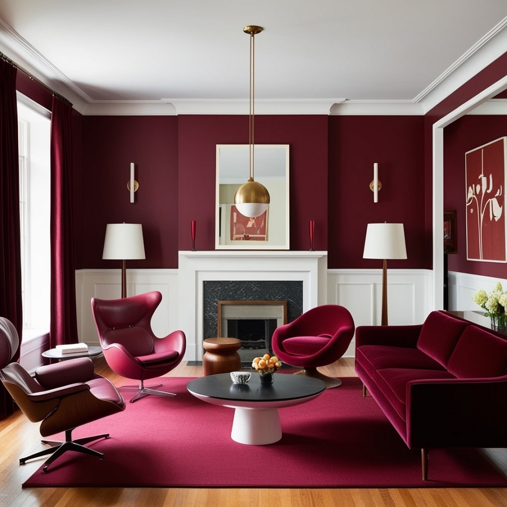 Iconic Furniture Silhouettes in Burgundy Upholstery