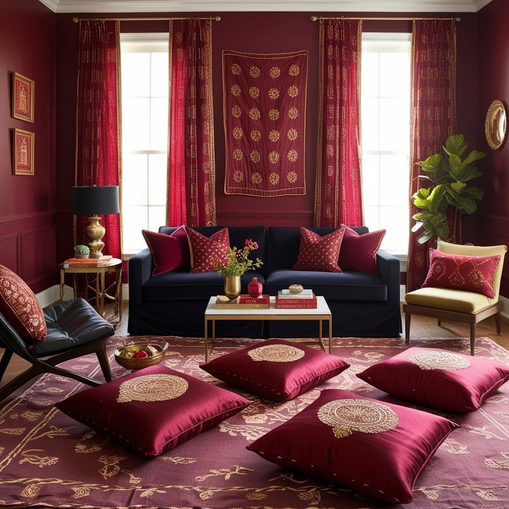 Indian Textiles and Burgundy Floor Cushions