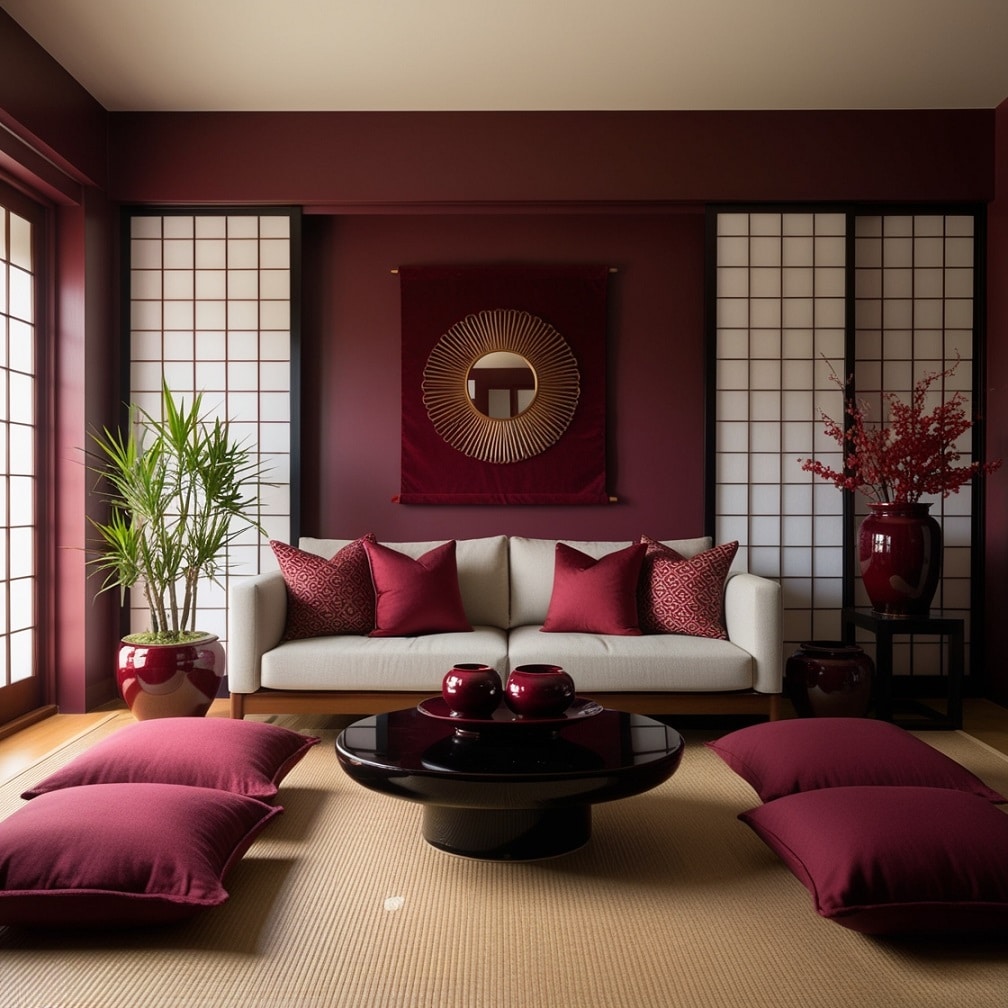 Japanese Minimalism with Burgundy Focal Points