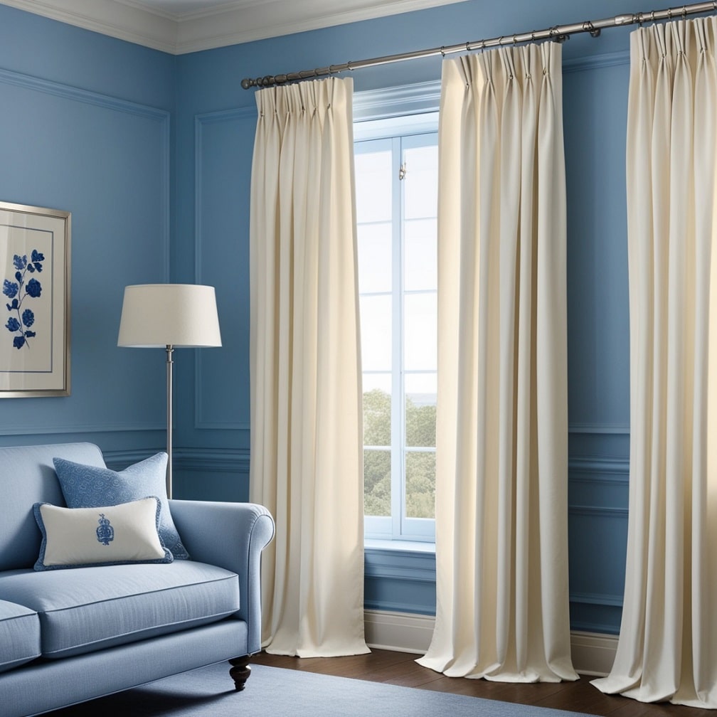 Layered Cream Drapes Against Blue Walls