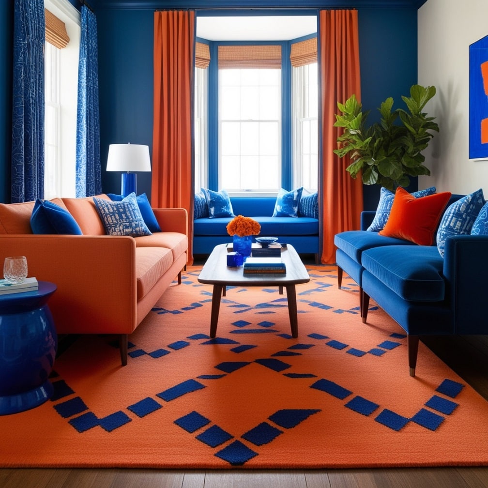 Orange Rug with Blue Accents for a Grounded Look