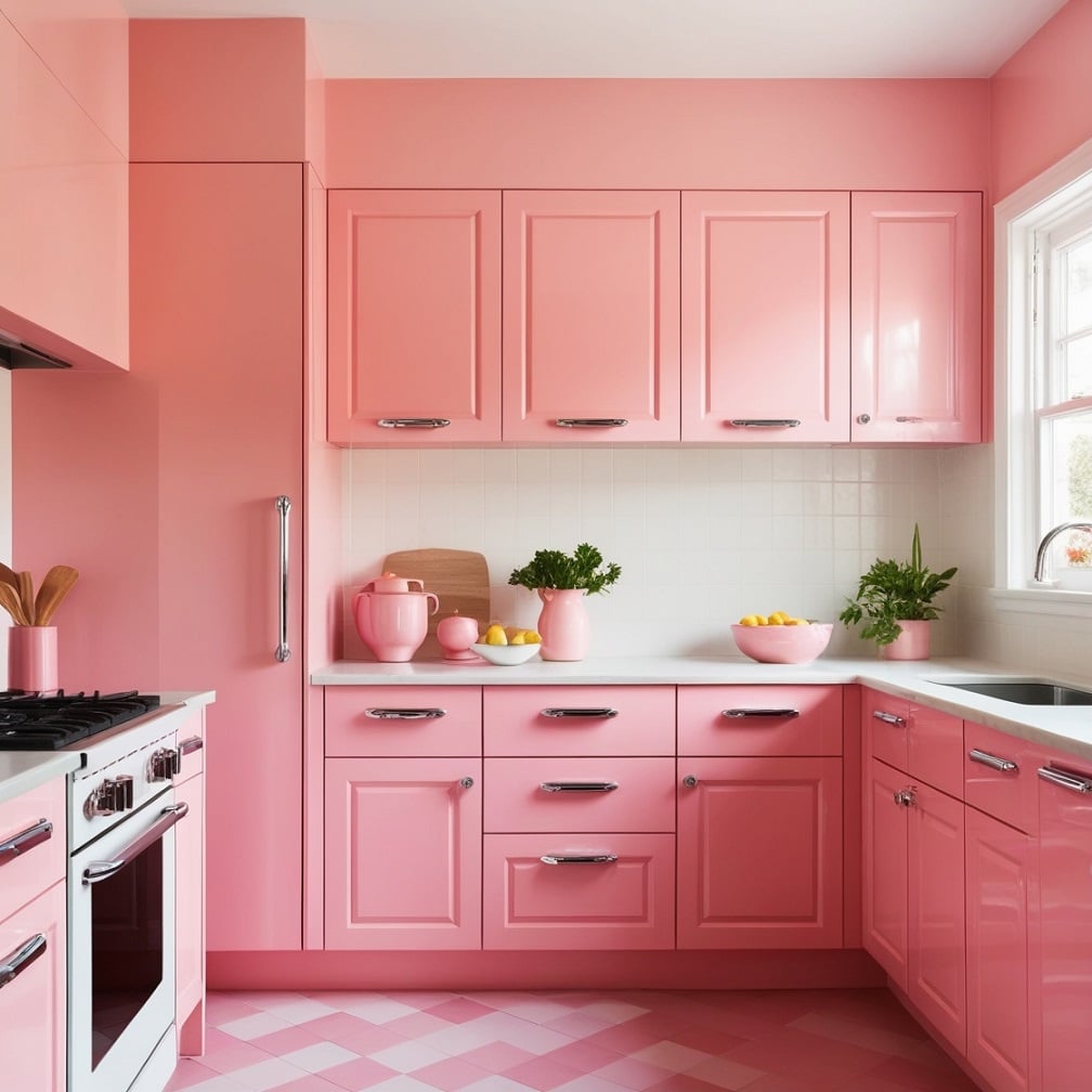 Pastel Pink Cabinets with Chrome Handles