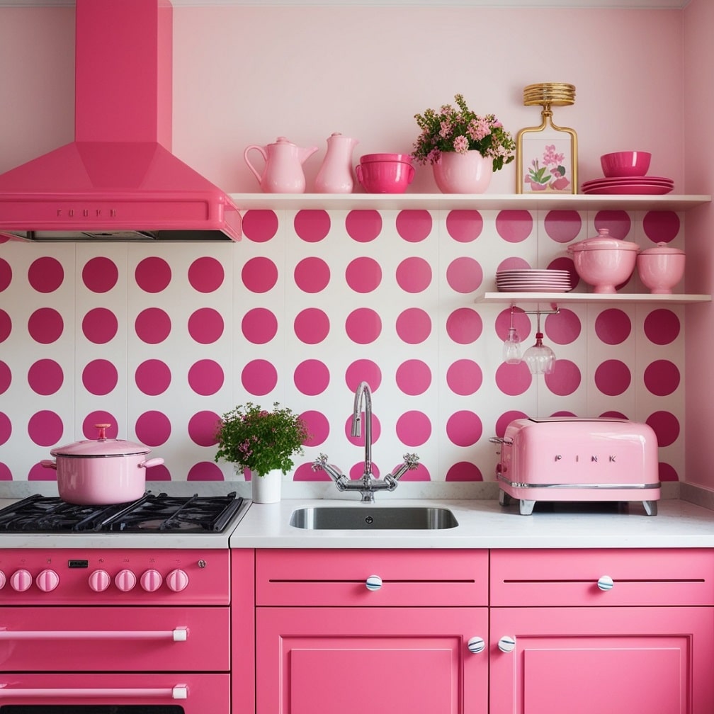 Pink and White Polka Dot Backsplash