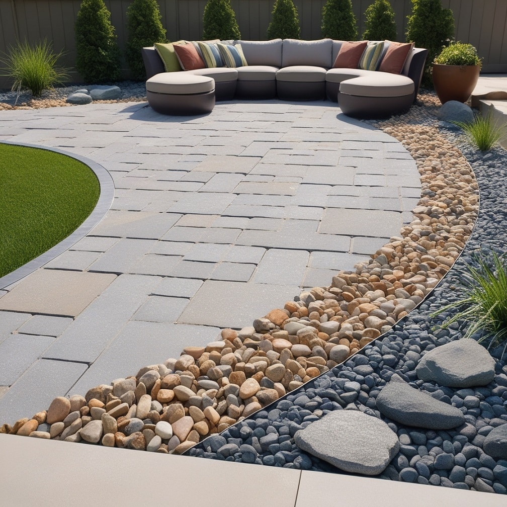 Riverbed Effect Integrating Pebbles and Larger Pavers