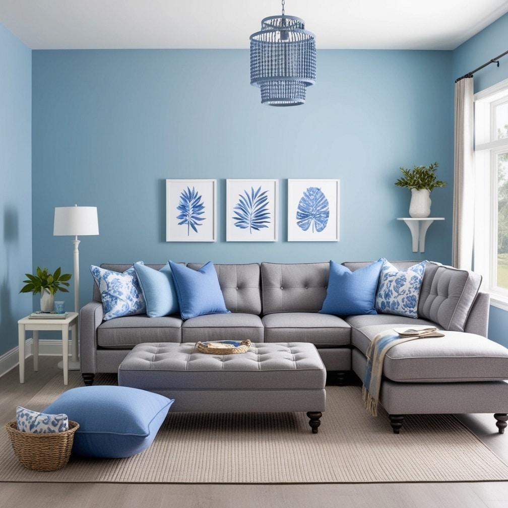 Soft Blue Walls with Gray Upholstered Furniture for Serenity