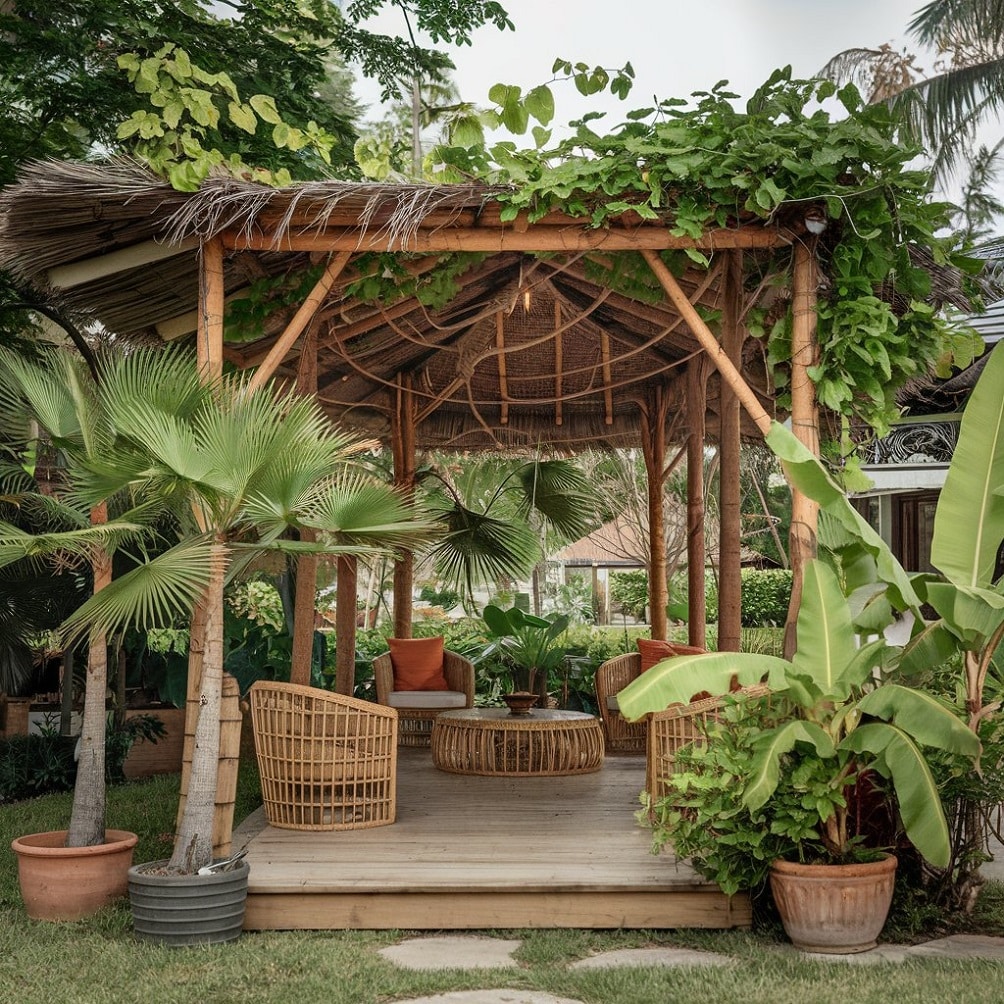 Tropical Pergola with Palm Leaves and Bamboo Furniture