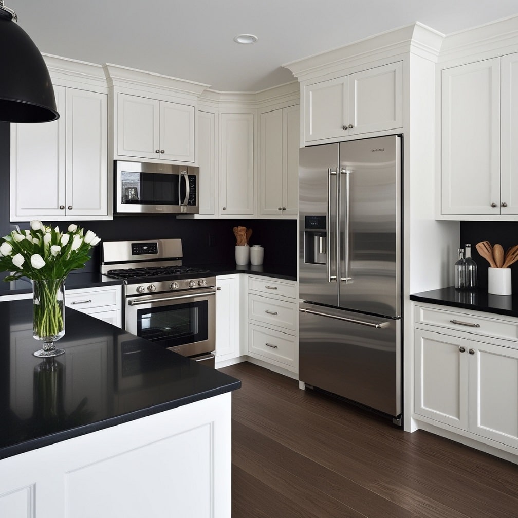 Black and White with Stainless Steel Appliances