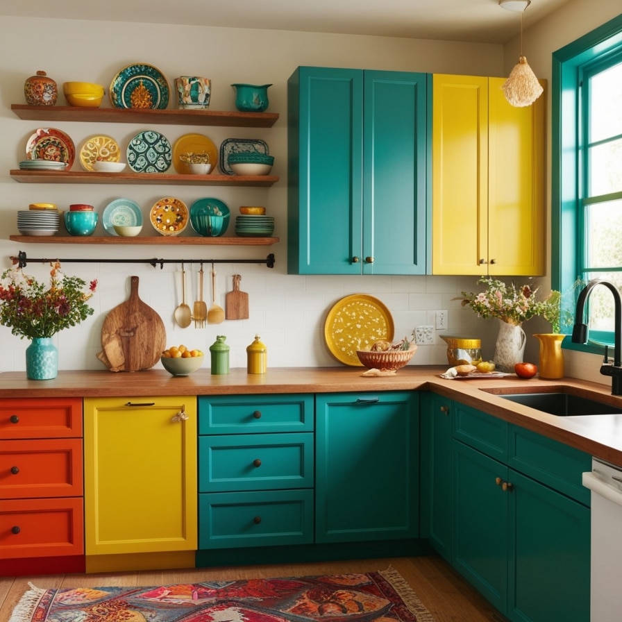 Colorful Cabinets, Boho Kitchen Ideas