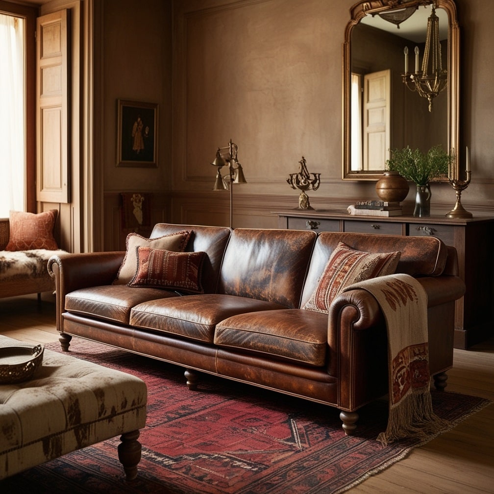 Distressed Leather Sofa for Rich Warmth