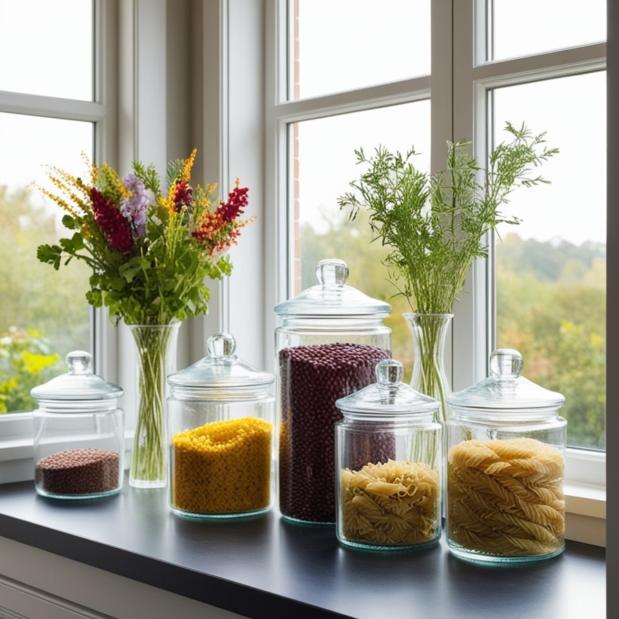 Elegant Glass Jars, Kitchen Window Sill Ideas