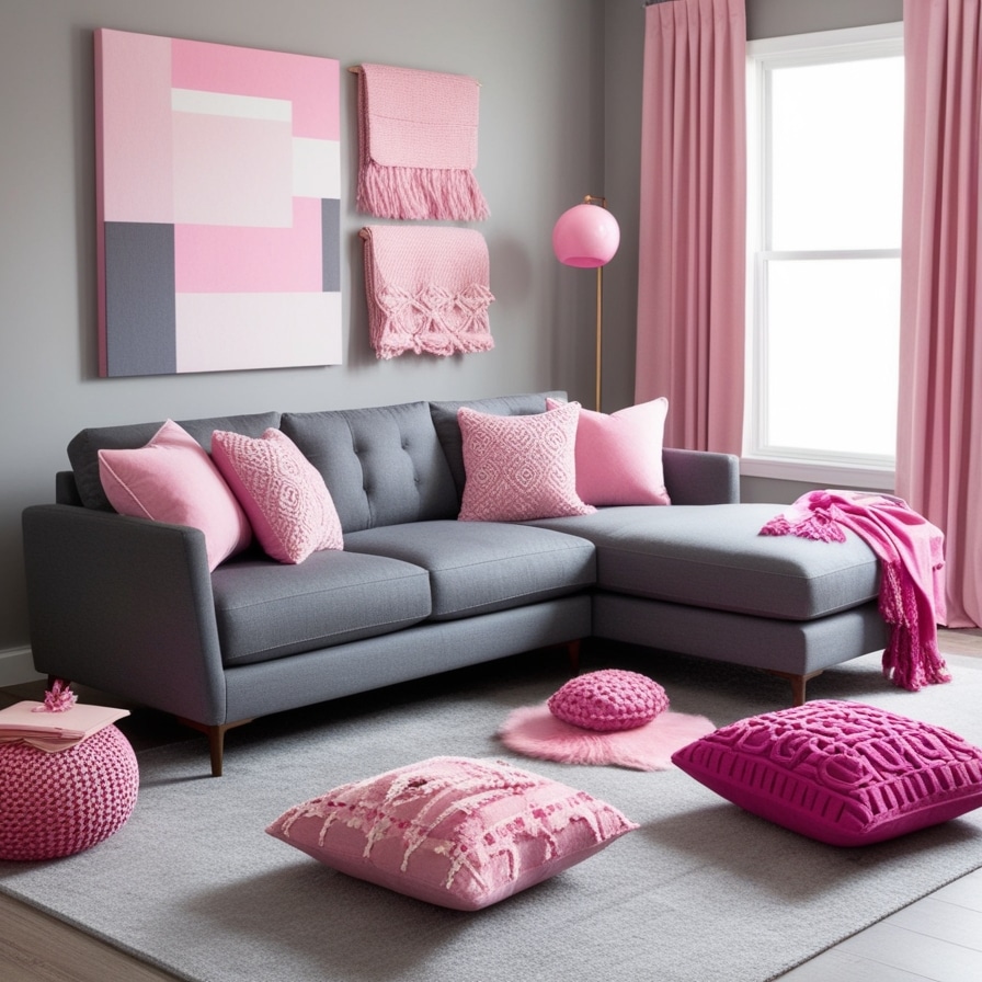 Grey Furniture Anchored with Pink Accessories, Modern Grey and Pink Living Room