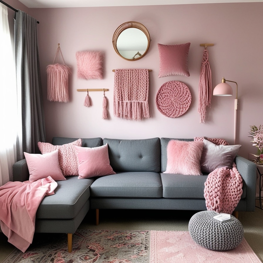 Grey Sofa with Pink Throws and Layered Textiles