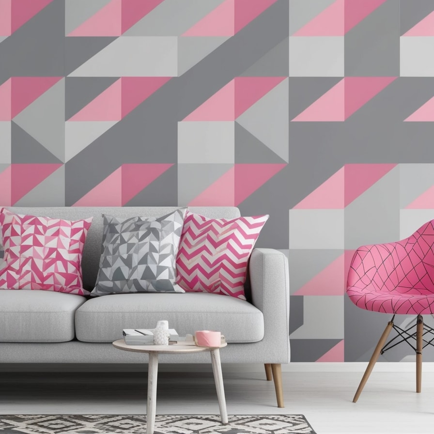 Grey and Pink Geometric Patterns in Modern Grey and Pink Living Room