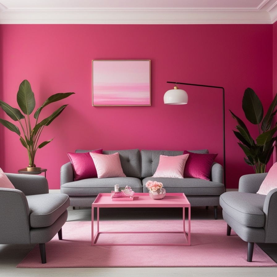 Pink Accent Wall with Grey Furniture