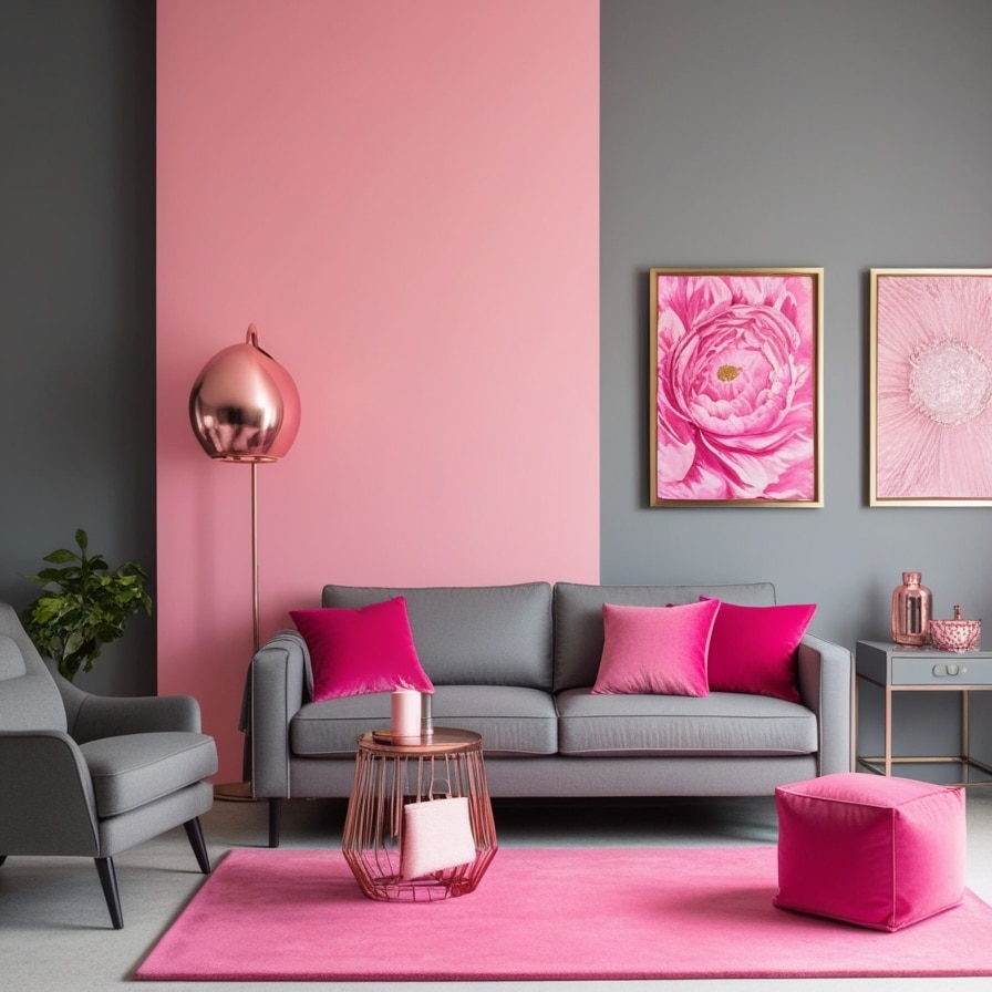 Pink Accent Walls Paired with Grey Decor, Modern Grey and Pink Living Room