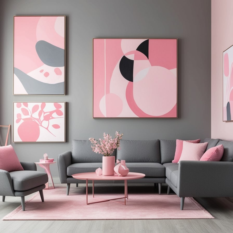 Pink Artwork with Grey Furniture