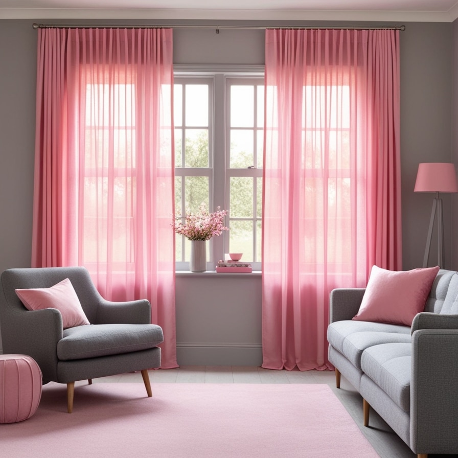 Pink Curtains with Grey Upholstery for Balance