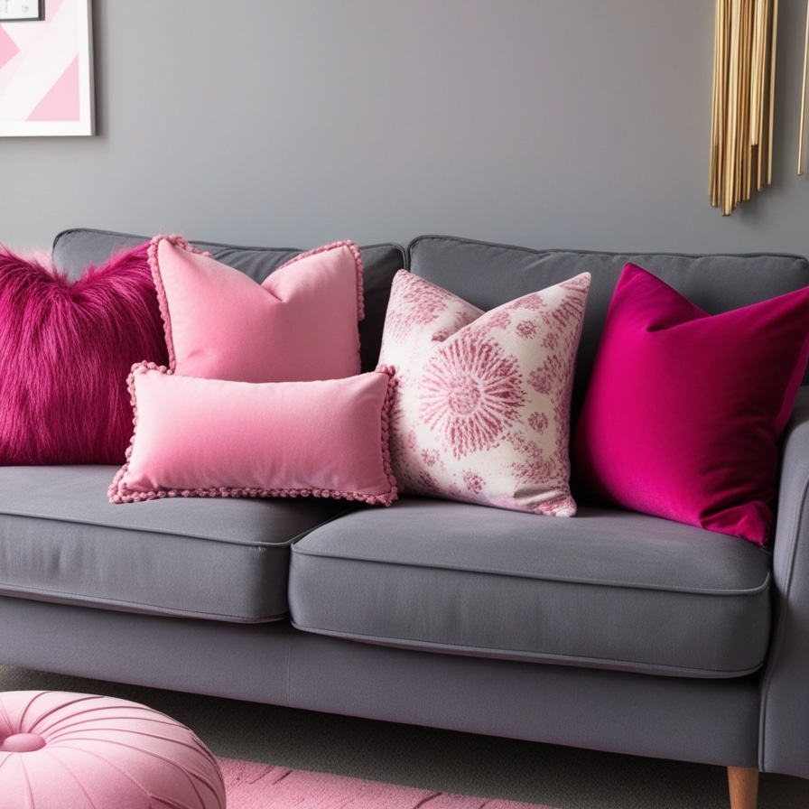 Pink Sofa Cushions on a Grey Couch