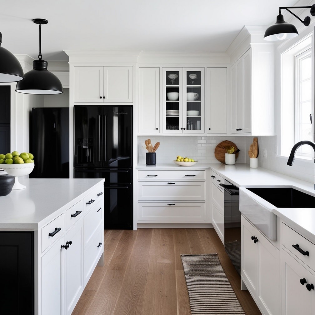 White Kitchen with Black Appliances