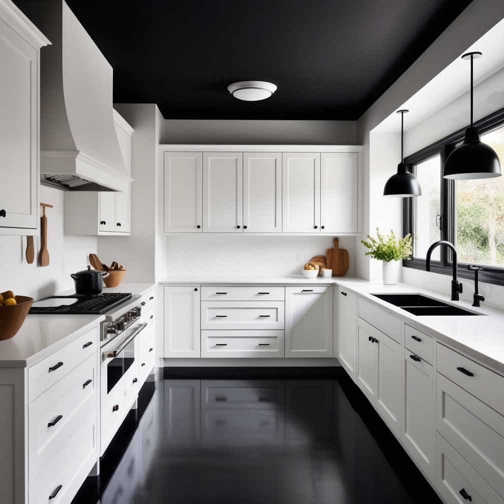 White Kitchen with Black Ceiling