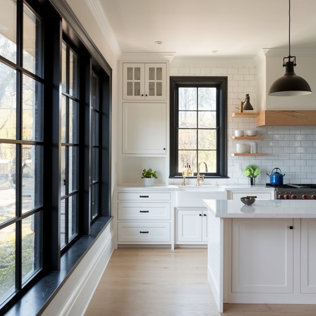 White Kitchen with Black Windows