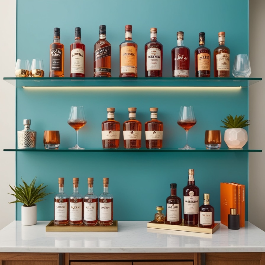 Color-Coordinated Home Bar Shelf Displays