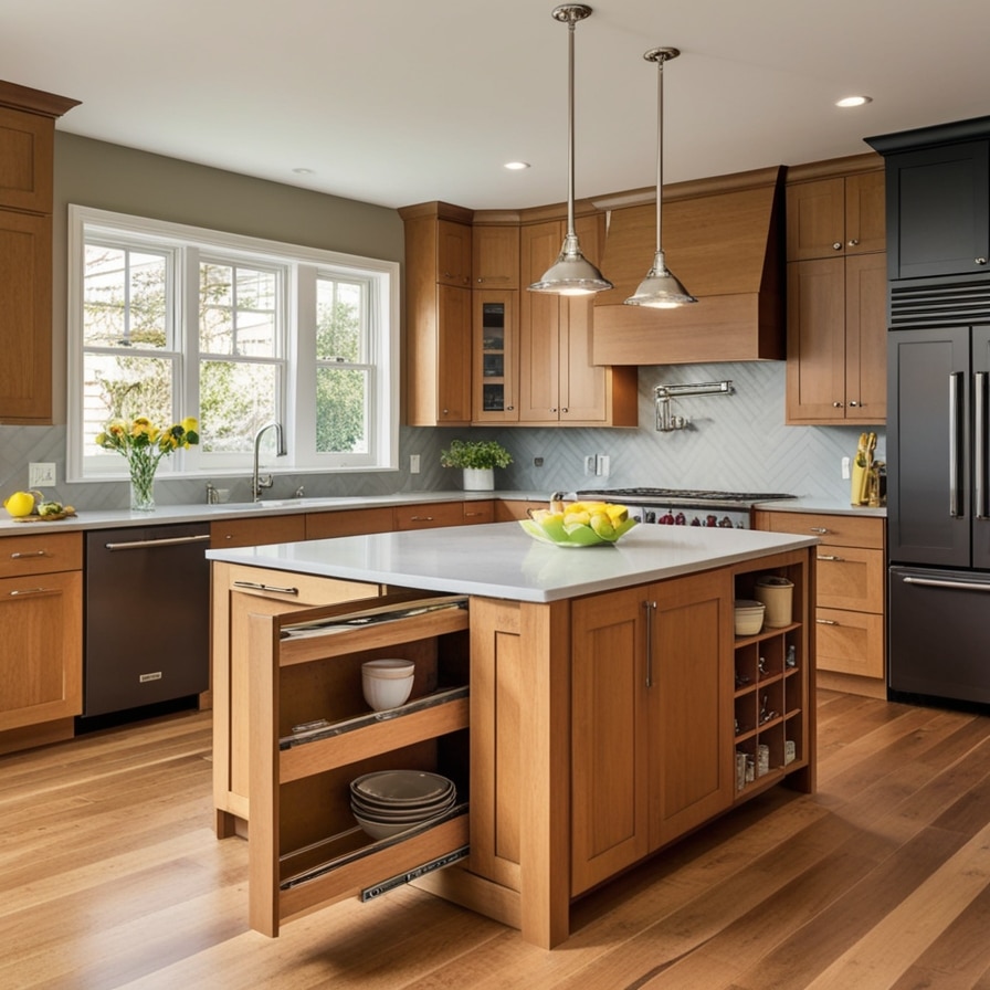 Emphasize Functional Storage Solutions in L-shaped kitchen island