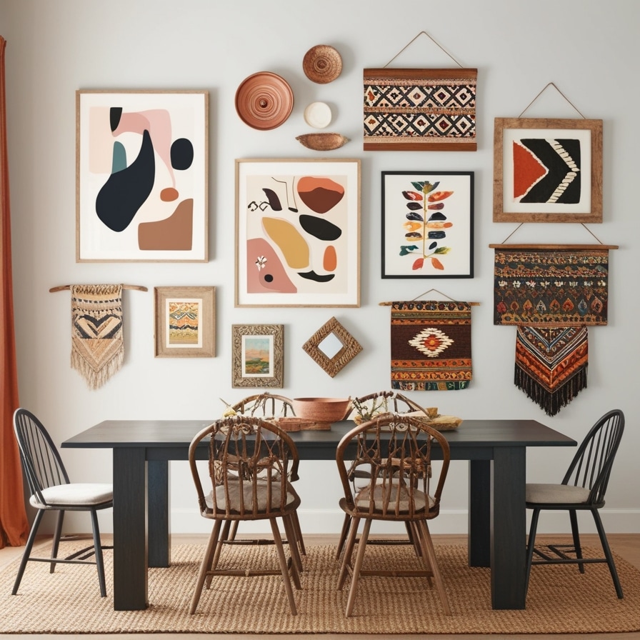 Gallery Wall with Abstract Art and Handmade Pieces, Boho Dining Room Decor