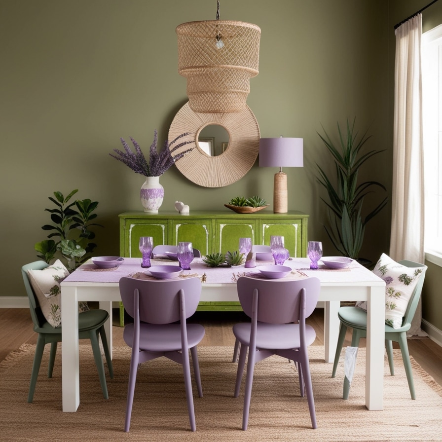 Lavender and Olive Green Palette, Boho Dining Room Decor