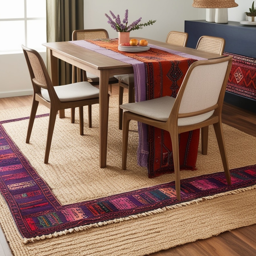 Layered Persian and Moroccan Rugs, Boho Dining Room Decor