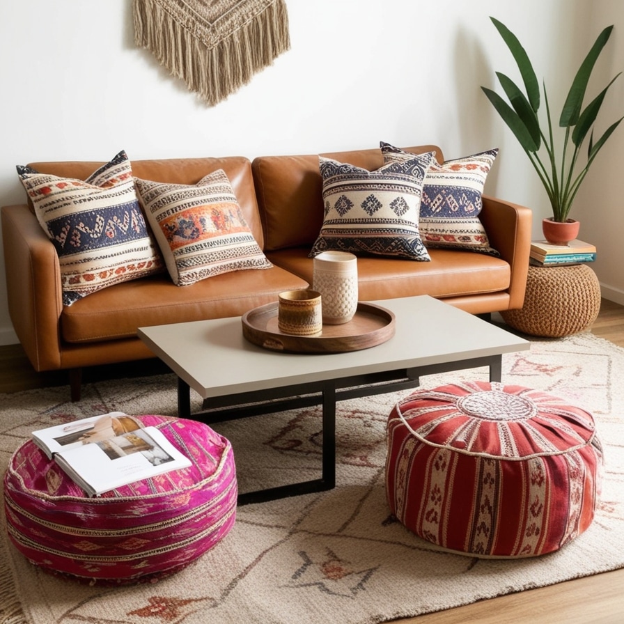 Patterned Pillows or Poufs Nearby